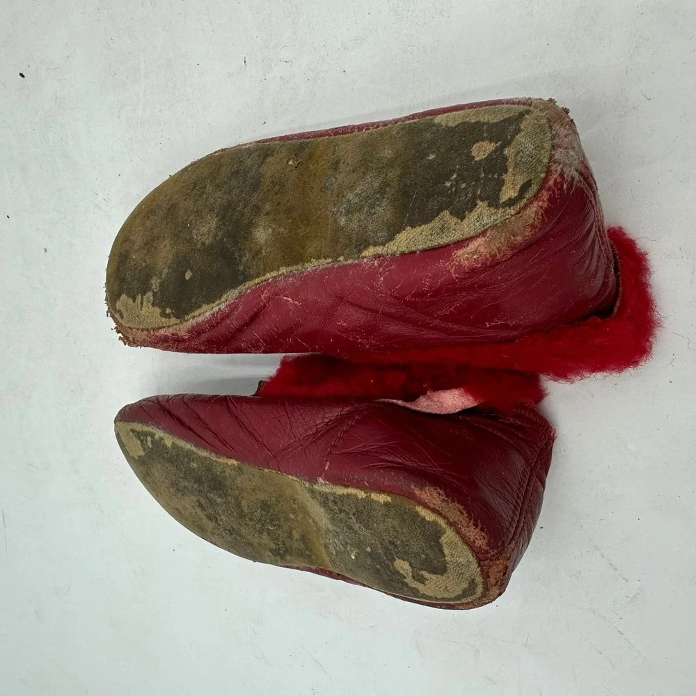 Vintage Kids Red Leather‎ Shearling Lined Zip Up Bootie Slippers Fur Trim Fair